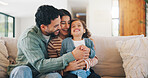 Laugh, relax and family on sofa in home with bonding, care and love on weekend together. Happy, calm and girl kid with mother and father for playing in living room for connection in apartment.
