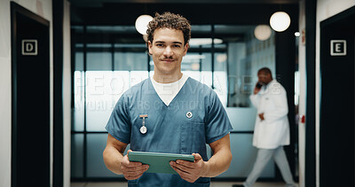 Buy stock photo Tablet, man and portrait of nurse in hospital with confidence for medical career with service. Happy, digital technology and male healthcare worker with pride for about us for nursing in clinic.