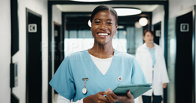Buy stock photo Happy, black woman and portrait of nurse with tablet in hospital with confidence for medical career. Smile, digital technology and African female healthcare worker with pride for about us in clinic.