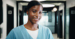 Portrait, black woman and nurse with smile in hospital for learning, medical advice and patient care. Happy, female person and confidence for internship, healthcare services and wellness assistance