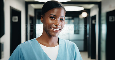 Buy stock photo Portrait, black woman and nurse with smile in hospital for learning, medical advice and patient care. Happy, female person and confidence for internship, healthcare services and wellness assistance