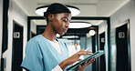 Nurse, woman and scroll in hospital with tablet, browsing or online research for medical internship. Black person, healthcare intern and typing in clinic with tech, website or reading for case study.