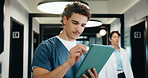 Nurse, man and writing in hospital with tablet, browsing and online research for medical internship. Person, healthcare intern and typing in clinic with tech, stylus and digital notes for case study.