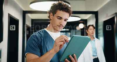 Buy stock photo Nurse, man and writing in hospital with tablet, browsing and online research for medical internship. Person, healthcare intern and typing in clinic with tech, stylus and digital notes for case study.