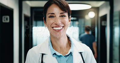 Buy stock photo Portrait, woman and doctor with smile in hospital for diagnosis, medical advice and patient care. Happy, mature surgeon and confident for healing experience, healthcare services and cardiology expert