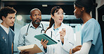 Medical, team and discussion in hospital with tablet, browsing website or schedule for patient care. People, talk and advice in clinic with tech, online agenda or collaboration for healthcare service