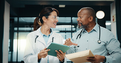 Buy stock photo Discussion, meeting or doctors with tablet in clinic, care plan assistance or medical case advice. Smile, tech or mature people with specialist referral for treatment, patient diagnosis or teamwork