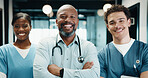 Happy, crossed arms and portrait of doctors and nurses in hospital with confidence for medical collaboration. People, professional and healthcare employees with pride for career about us in clinic.