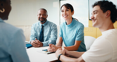 Buy stock photo Business people, meeting and interview with smile for hiring, recruiting or conversation in office. Happy, group or employees talking with candidate for onboarding, opportunity and HR discussion