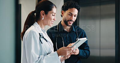 Buy stock photo People, doctors and meeting with tablet in hospital for research, review case and medical study. Smile, surgeon and team with digital to confirm diagnosis, planning surgery and healthcare information