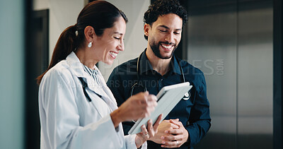Buy stock photo Healthcare, doctor and team with tablet, planning treatment and update records for insurance. Tech, collaboration and  happy people in hospital for meeting, medical discussion and review results