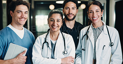 Buy stock photo Portrait, group and doctors with pride for healthcare, confidence and wellness career in hallway. Smile, physician or professional people with team for about us, arms crossed and support in clinic