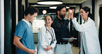Buy stock photo Tablet, doctor team and high five in clinic for discussion, report or collaboration success. Meeting, people and medical worker with digital tech for healthcare, schedule and celebration in hospital