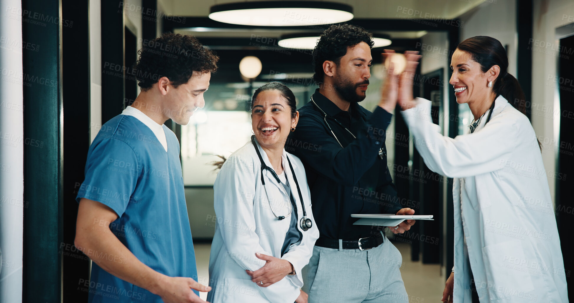Buy stock photo Tablet, doctor team and high five in clinic for discussion, report or collaboration success. Meeting, people and medical worker with digital tech for healthcare, schedule and celebration in hospital