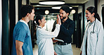 Tablet, doctor meeting and high five in clinic for discussion, report or collaboration success. Team, people and medical worker with digital tech for healthcare, schedule and celebration in hospital