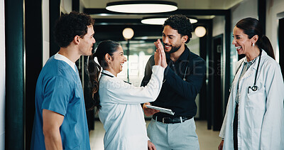 Buy stock photo Tablet, doctor meeting and high five in clinic for discussion, report or collaboration success. Team, people and medical worker with digital tech for healthcare, schedule and celebration in hospital