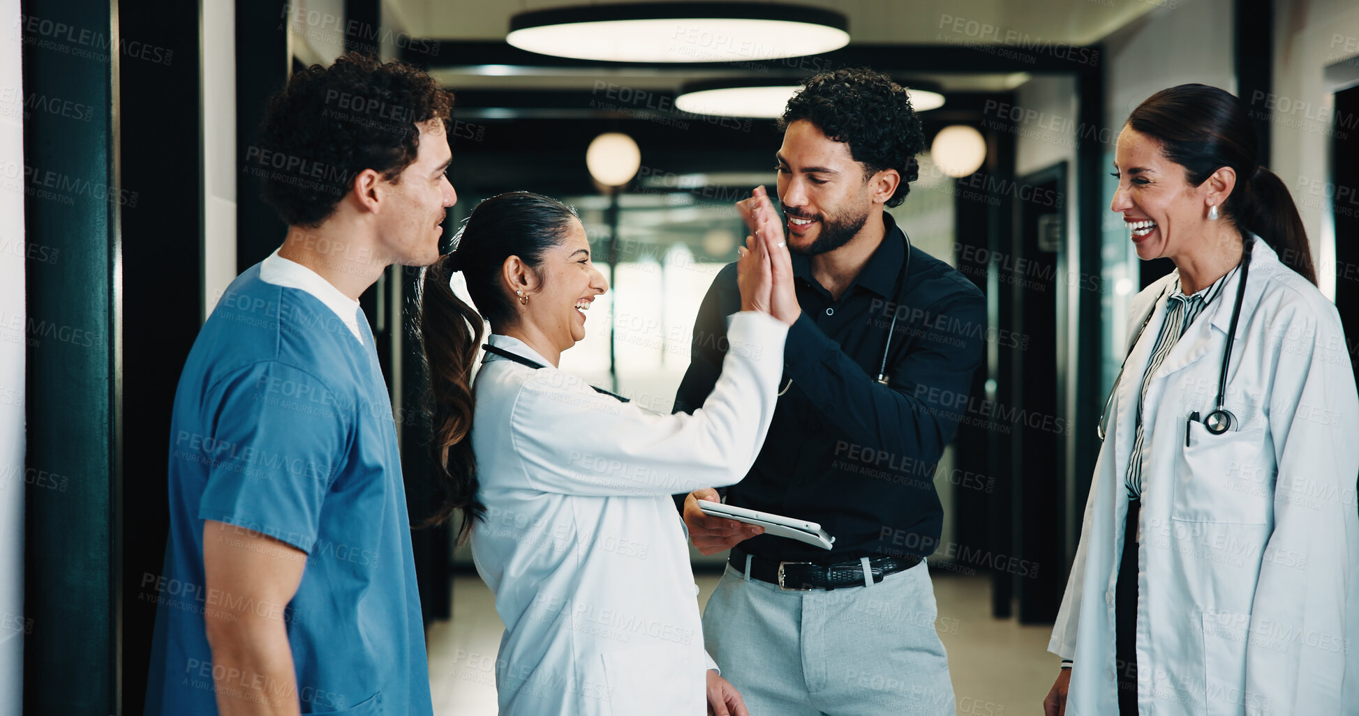 Buy stock photo Tablet, doctor meeting and high five in clinic for discussion, report or collaboration success. Team, people and medical worker with digital tech for healthcare, schedule and celebration in hospital