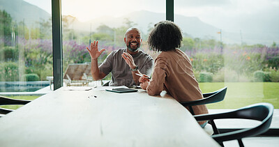 Buy stock photo Planning, home and couple talking for pension, insurance idea and social security benefits. African man, mature woman and budget discussion, asset management and happy for investment growth