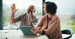 Planning, home and couple with tablet for financial idea, insurance policy and tax review. African man, mature woman and budget discussion, asset management or happy for investment coverage with tech