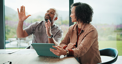 Buy stock photo Planning, home and couple with tablet for financial idea, insurance policy and tax review. African man, mature woman and budget discussion, asset management or happy for investment coverage with tech
