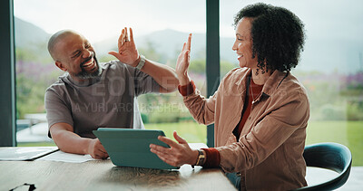 Buy stock photo Tablet, high five and couple in home with planning for monthly budget, savings or investment. Happy, celebration and man with woman for discussion on mortgage application on digital technology.