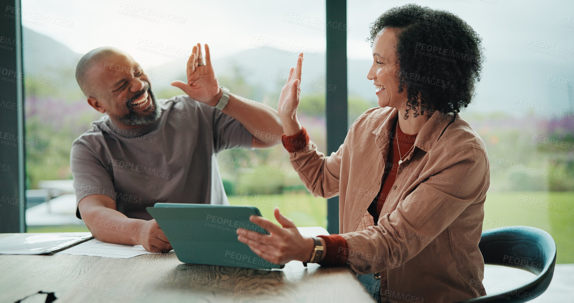 Buy stock photo Tablet, high five and couple in home with planning for monthly budget, savings or investment. Happy, celebration and man with woman for discussion on mortgage application on digital technology.