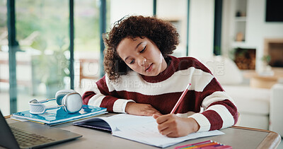 Buy stock photo Laptop, writing and child  in home for elearning, online class or education with studying for test. Notes, technology and girl student with computer for virtual lesson with quiz or exam in house.
