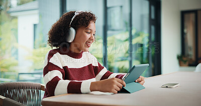 Buy stock photo Tablet, elearning and child with headphones on video call in home for online class with education. Talking, digital technology and girl student with audio tech for virtual lesson in apartment.