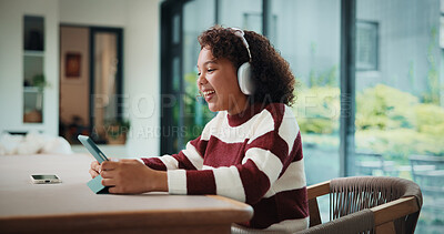 Buy stock photo Tablet, elearning and kid with headphones on video call in home for online class with education. Talking, digital technology and girl child student with audio tech for virtual lesson in apartment.