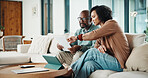 Document, home and couple with financial feedback, insurance policy or tax review with tablet. African man, mature woman and savings discussion for debt planning, paperwork or bills with tech on sofa