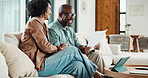 Document, home and couple laugh with financial profit, insurance update or investment increase. African man, mature woman and loan approval with paperwork, excited and savings growth in living room