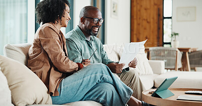 Buy stock photo Document, home and couple laugh with financial profit, insurance update or investment increase. African man, mature woman and loan approval with paperwork, excited and savings growth in living room