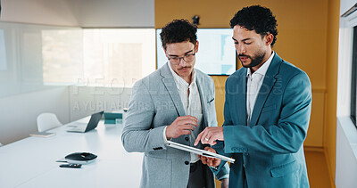 Buy stock photo Planning, meeting or business people with tablet in office, data analysis or review asset performance. Discussion, reading or analyst team with investigation for account volatility, research or tech