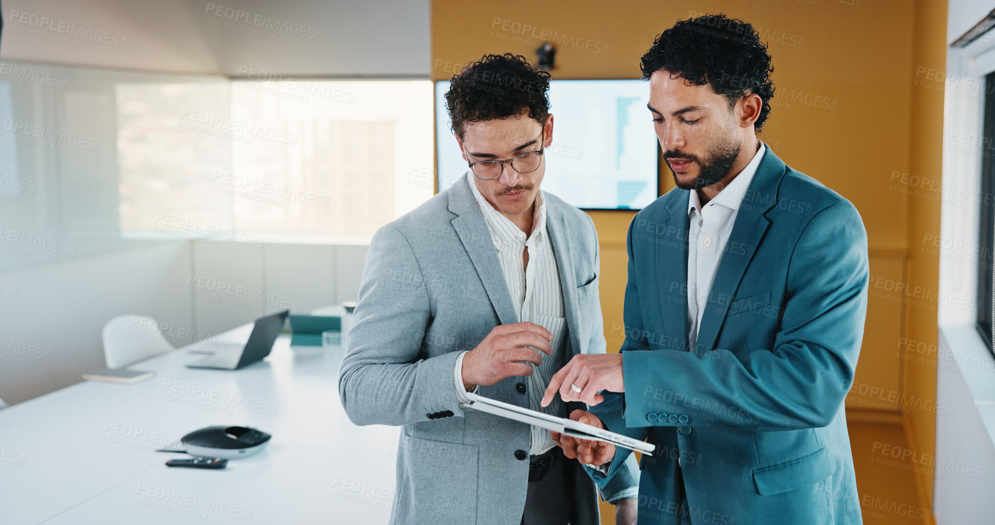 Buy stock photo Planning, meeting or business people with tablet in office, data analysis or review asset performance. Discussion, reading or analyst team with investigation for account volatility, research or tech