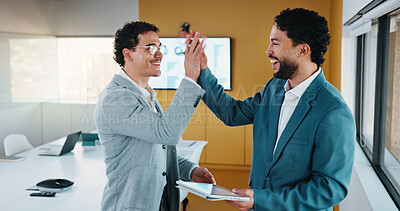 Buy stock photo Team, tablet and business people in office with high five, data analysis and success for profit growth. Happy, men and celebration with tech, performance statistics and graphs for revenue increase.