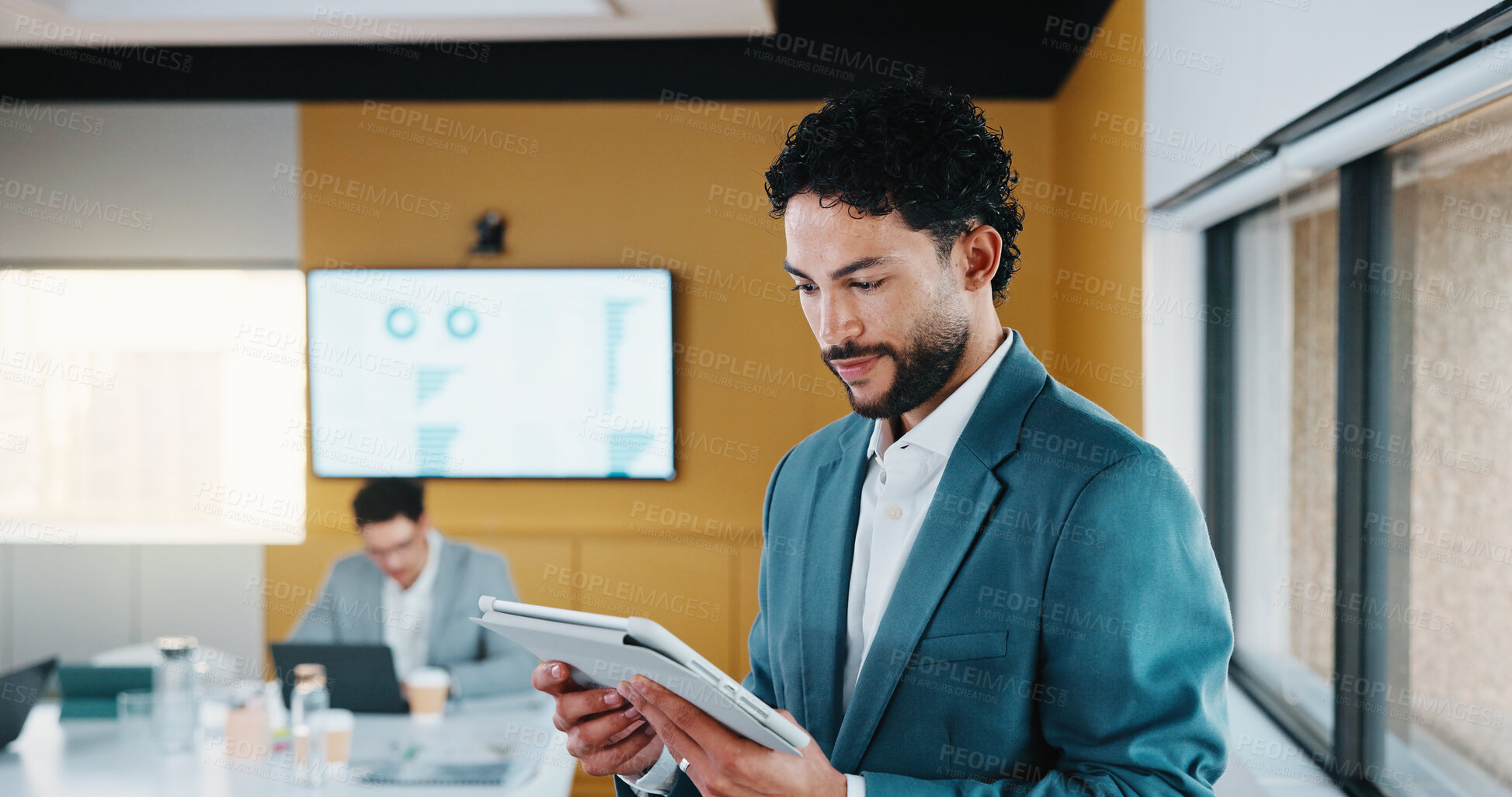 Buy stock photo Business, man and reading with tablet in meeting for research, finance charts and profit growth. Person, data analyst and digital with graph analysis, investment portfolio and audit review of company