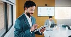 Smile, business and man with tablet in meeting for research, finance charts and profit growth. Corporate, data analyst or digital with graph analysis, investment portfolio and audit review of company