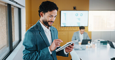 Buy stock photo Smile, business and man with tablet in meeting for research, finance charts and profit growth. Corporate, data analyst or digital with graph analysis, investment portfolio and audit review of company