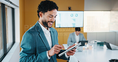 Buy stock photo Smile, business and man with tablet in office for research, finance charts and profit growth. Corporate, data analyst and digital with graph analysis, investment portfolio and audit review of company
