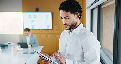Buy stock photo Business, man and reading with tablet in office for research, finance charts and profit growth. Person, data analyst and digital with graph analysis, investment portfolio and audit review of company