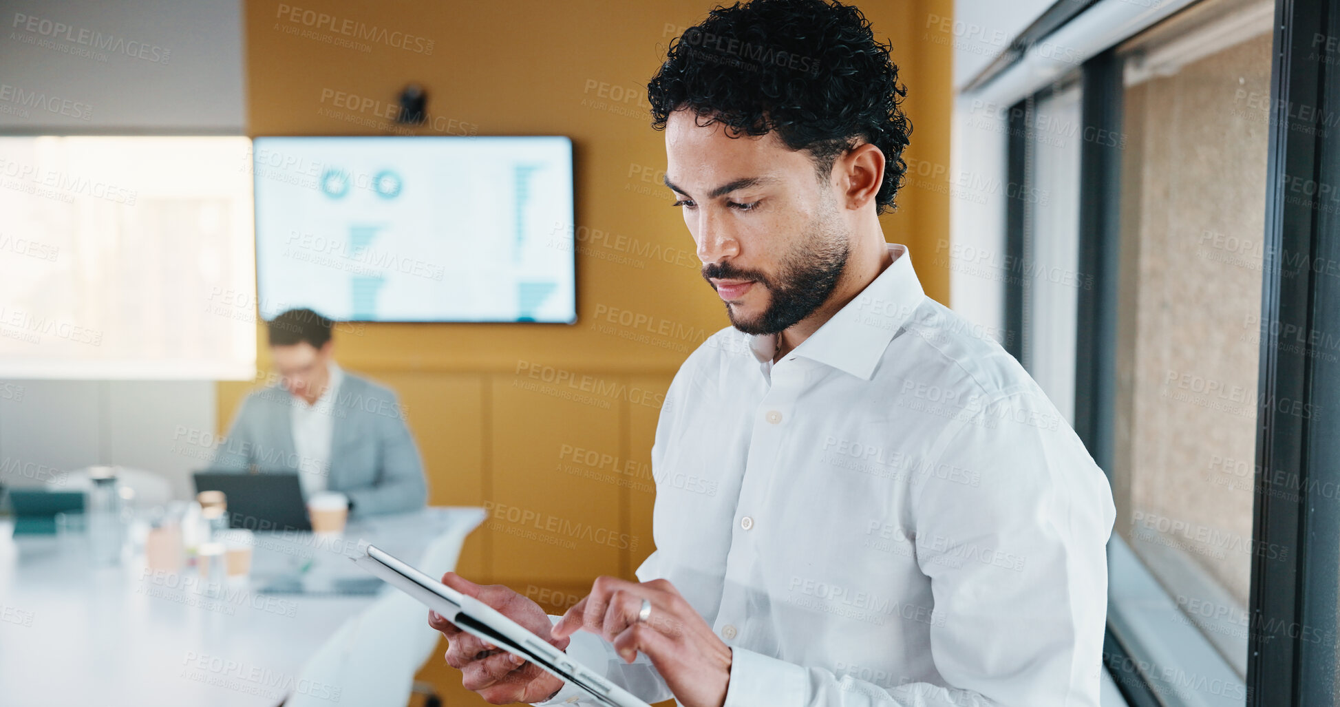 Buy stock photo Business, man and reading with tablet in office for research, finance charts and profit growth. Person, data analyst and digital with graph analysis, investment portfolio and audit review of company