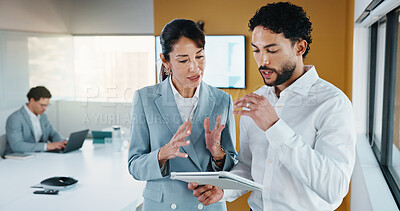 Buy stock photo Discussion, team or business people with tablet in office, data analysis or review asset performance. Talking, reading or financial analyst with investigation for account volatility, research or tech