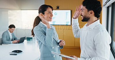 Buy stock photo Tablet, success and business people in office with high five, data analysis or sales growth for company. Happy, team and celebration with tech, performance statistics and graphs for revenue increase.