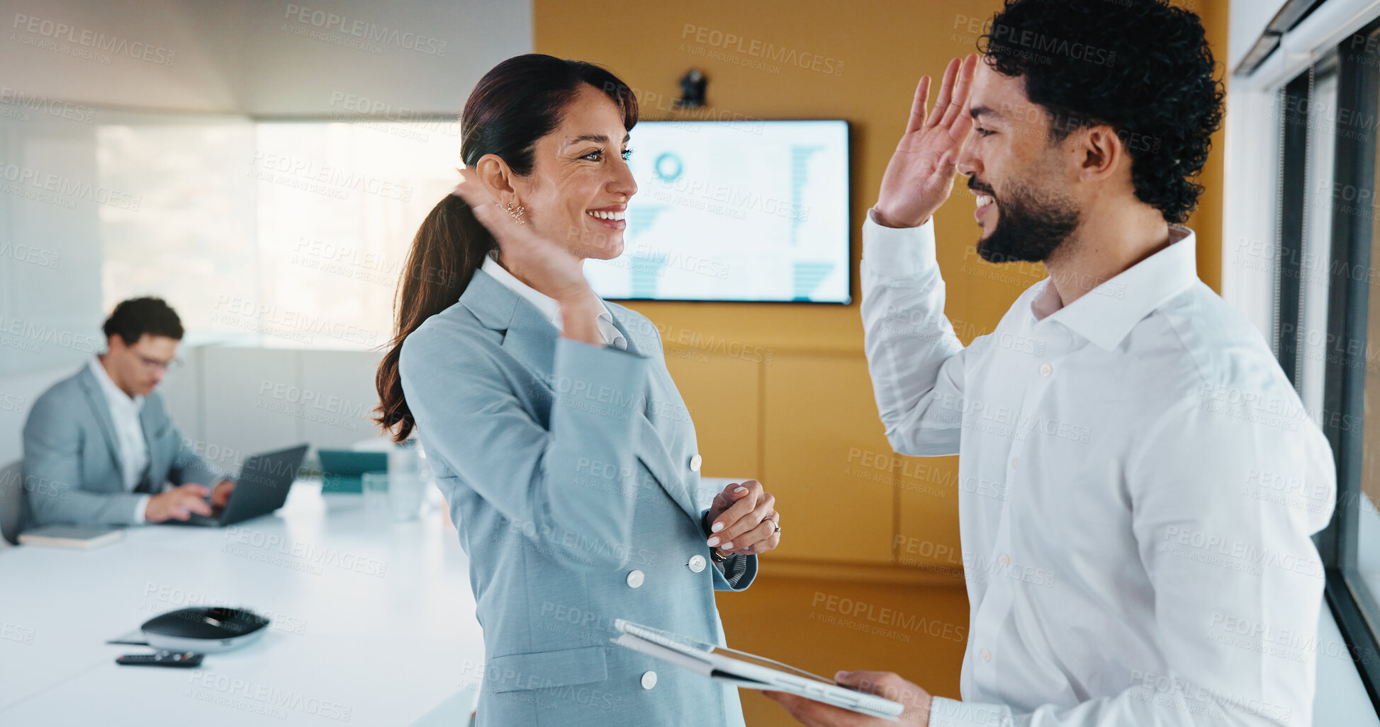 Buy stock photo Tablet, success and business people in office with high five, data analysis or sales growth for company. Happy, team and celebration with tech, performance statistics and graphs for revenue increase.