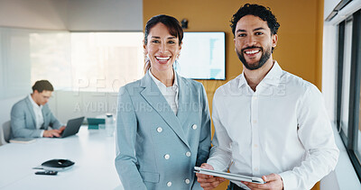 Buy stock photo Happy, tablet and portrait of business people in office with confidence for finance collaboration. Technology, smile and team of financial advisors with pride for company about us in workplace.