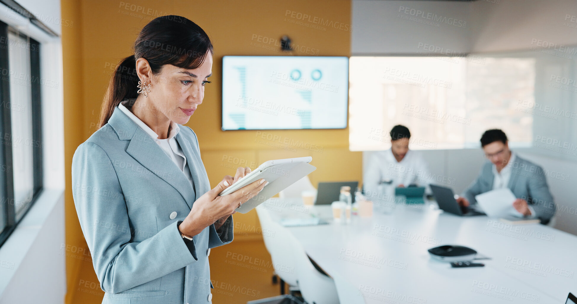 Buy stock photo Business, woman and reading with tablet in meeting for research, finance charts or profit growth. Person, data analyst or digital with graph analysis, investment portfolio and audit review of company