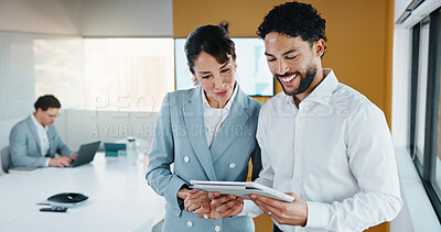 Buy stock photo Meeting, manager or business people with tablet in office, data analysis or review asset performance. Teamwork, reading or financial analyst with investigation for account volatility, smile or tech