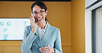 Woman, phone call and happy in office with conversation, good news or announcement at finance company. Mature person, broker and advisor with mobile network, feedback or proposal at investment agency