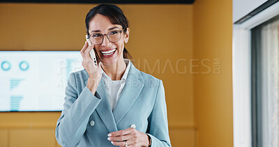 Buy stock photo Woman, phone call and happy in office with conversation, good news or announcement at finance company. Mature person, broker and advisor with mobile network, feedback or proposal at investment agency