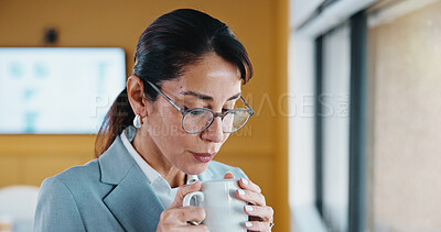 Buy stock photo Woman, coffee and scent at window in office with thinking, break or glasses at insurance company. Person, broker and advisor with beverage, tea cup or warm drink with career at risk assessment agency